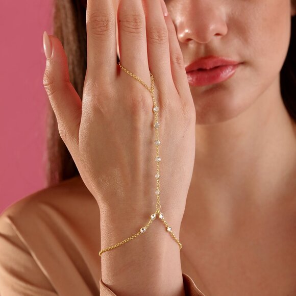 Dainty Hand Chain Bracelet 14K Gold Plated Hand Chain Bracelet 925 sterling silv - Picture 3 of 4